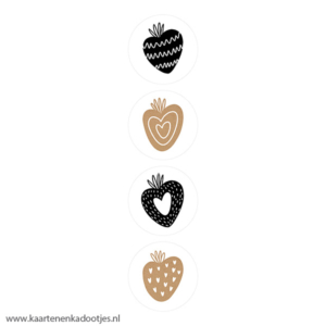 4 Stickers rond 35 mm aardbei zwart/wit/kraft assorti