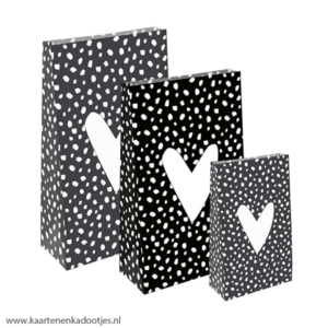 Blokbodemzakje 14x26x8 cm 101 dots hart zwart/wit