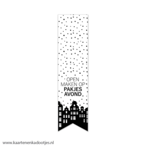 5 Stickers vaan 35x135 mm openmaken op pakjesavond grachtenpandjes wit/zwart
