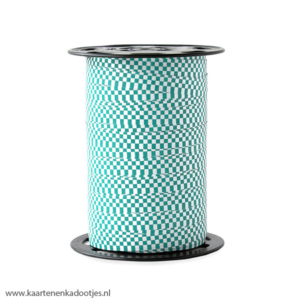 Krullint 10 mm checkers turquoise/wit 3 meter
