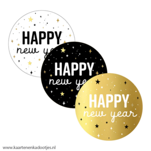 3 Stickers rond 40 mm happy New Year assorti goudfolie