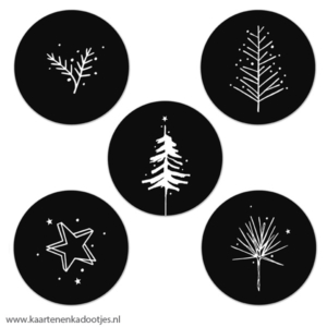 5 Stickers rond 50 mm Christmas stories zwart/wit assorti