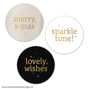 3 Stickers rond 50 mm Christmas text mix goudfolie assorti
