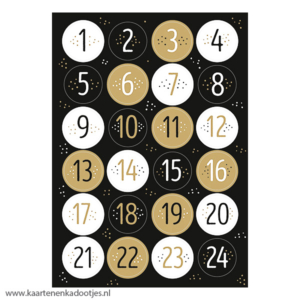 Stickervel A5 cijfers advent dots 24 stickers zwart/wit/goudfolie
