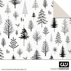 Kadopapier tree diversity wit/zwart/goudfolie dubbelzijdig