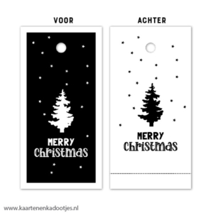 Kadolabel 4x8 cm merry Christmas kerstboom zwart/wit