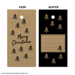 Kadolabel 4x8 cm merry Christmas kerstbomen kraft/zwart