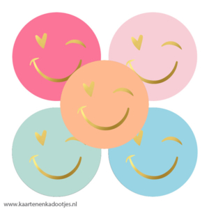 5 Stickers rond 50 mm smiley goudfolie assorti