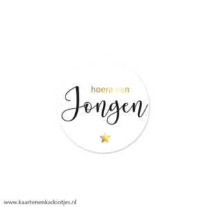 7 Stickers rond 35 mm hoera een jongen sterretje wit/zwart/goudfolie