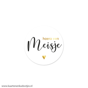 7 Stickers rond 35 mm hoera een meisje hartje wit/zwart/goudfolie