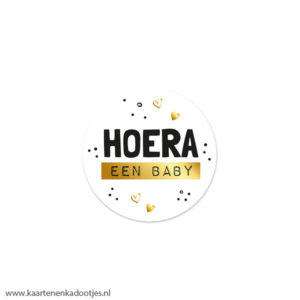 7 Stickers rond 35 mm hoera een baby wit/zwart/goudfolie