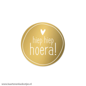 6 Stickers rond 40 mm hiep hiep hoera hartje goudfolie/wit
