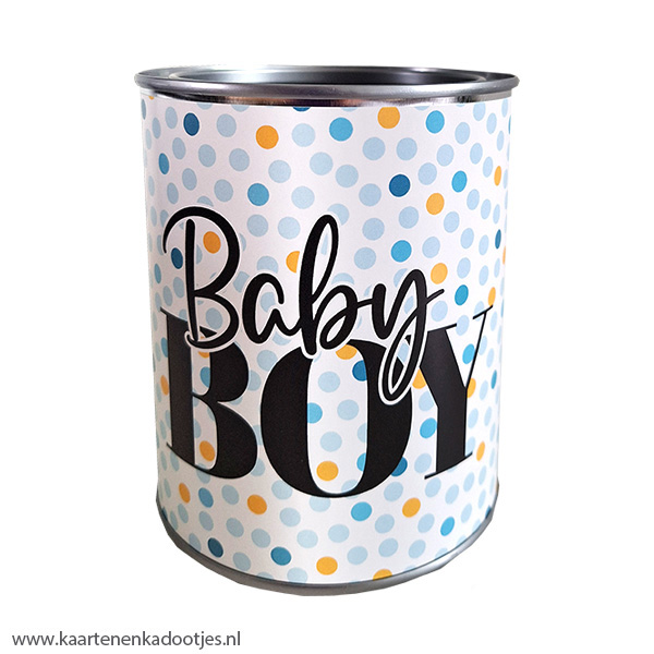 Kadoblik 750 ml baby boy dots blauw/oranje