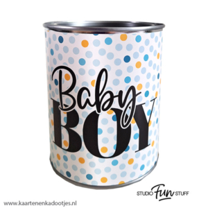 Kadoblik 750 ml baby boy dots blauw/oranje