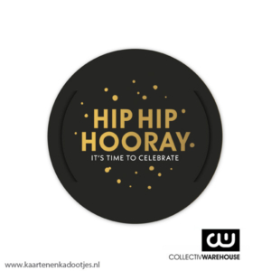 Kadolabel rond 70 mm hip hip hooray it's time to celebrate goudfolie