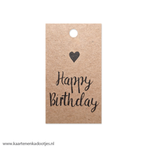 Kadolabel rechthoek 40x70 mm Happy Birthday hartje kraft/zwart
