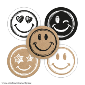 5 Stickers rond 35 mm smiley kraft/zwart/wit assorti