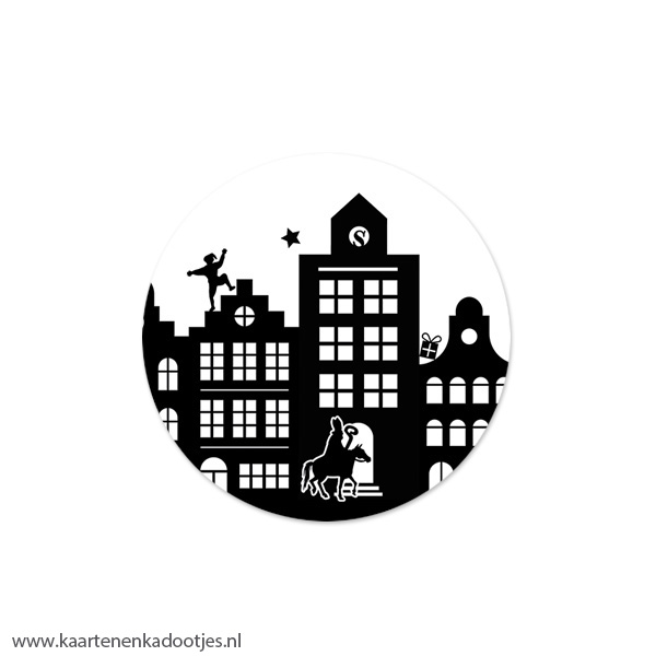 6 Stickers rond 45 mm Sint en Piet grachtenpandjes wit/zwart