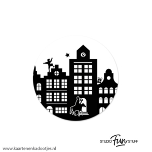 6 Stickers rond 45 mm Sint en Piet grachtenpandjes wit/zwart