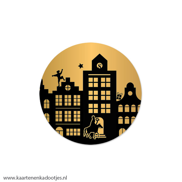 5 Stickers rond 45 mm Sint en Piet grachtenpandjes goudfolie/zwart