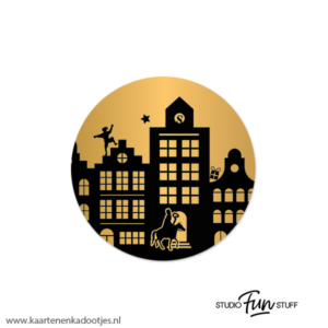 5 Stickers rond 45 mm Sint en Piet grachtenpandjes goudfolie/zwart