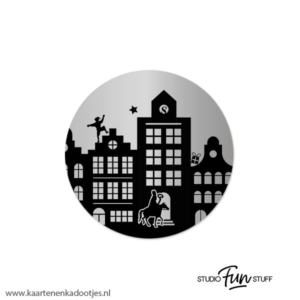 5 Stickers rond 45 mm Sint en Piet grachtenpandjes zilverfolie/zwart