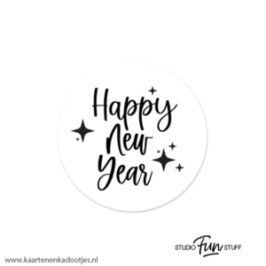 6 Stickers rond 45 mm Happy New Year wit/zwart