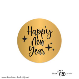 5 Stickers rond 45 mm Happy New Year goudfolie/zwart