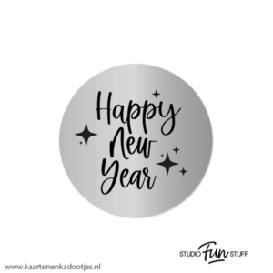 5 Stickers rond 45 mm Happy New Year zilverfolie/zwart