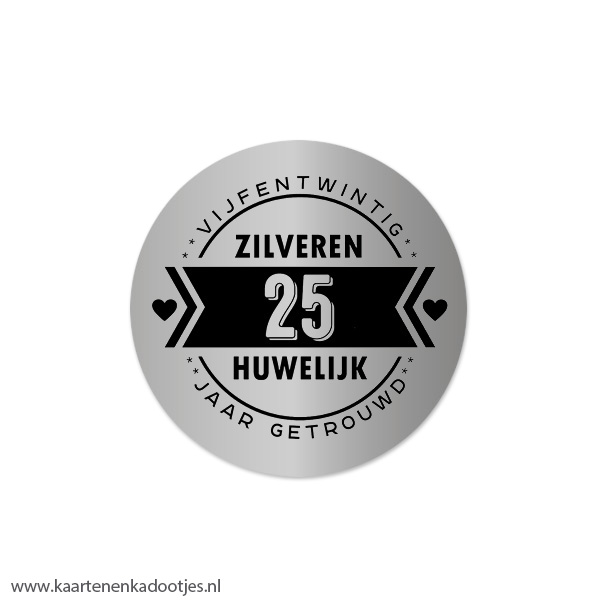 5 Stickers rond 45 mm 25 jaar getrouwd zilveren huwelijk zilverfolie/zwart