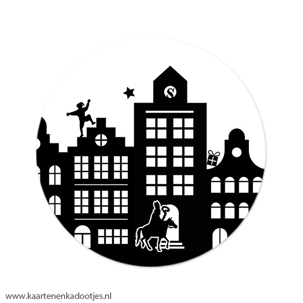 3 Stickers rond 64 mm Sint en Piet grachtenpandjes wit/zwart