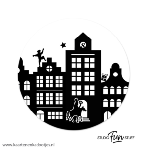 3 Stickers rond 64 mm Sint en Piet grachtenpandjes wit/zwart
