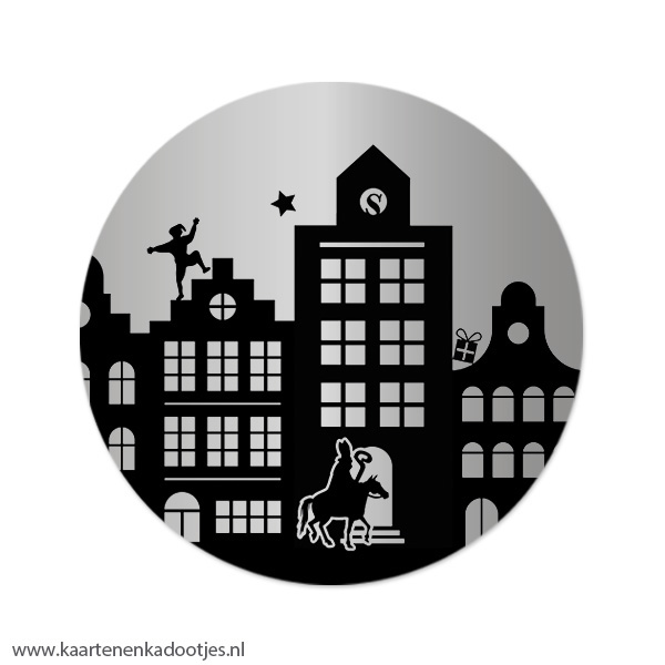 3 Stickers rond 64 mm Sint en Piet grachtenpandjes zilverfolie/zwart