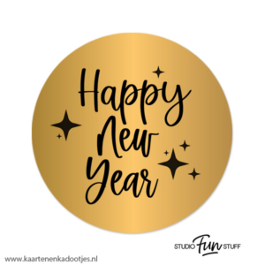 3 Stickers rond 64 mm Happy New Year goudfolie/zwart