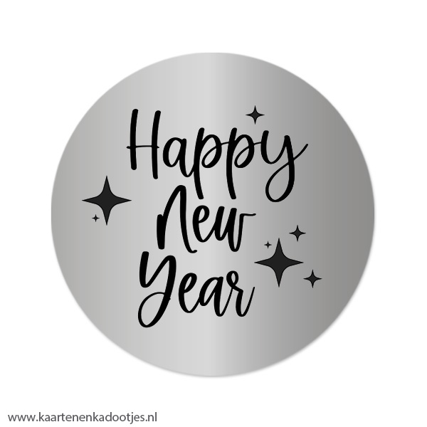 3 Stickers rond 64 mm Happy New Year zilverfolie/zwart