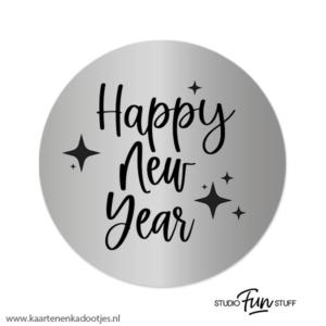 3 Stickers rond 64 mm Happy New Year zilverfolie/zwart