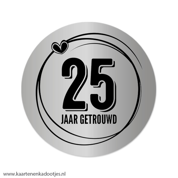 3 Stickers rond 64 mm 25 jaar getrouwd swirl hartje zilverfolie/zwart