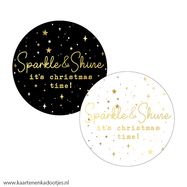 2 Stickers rond 50 mm sparkle & shine it's Christmas time goudfolie assorti