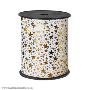 Krullint 10 mm stars wit/goudfolie 3 meter