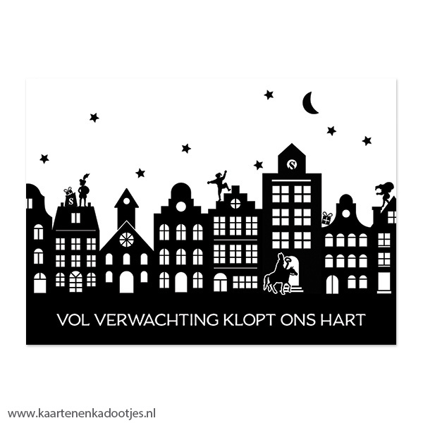 Kaart vol verwachting klopt ons hart grachtenpandjes wit/zwart