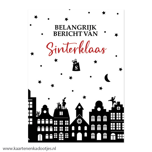 Kaart belangrijk bericht van Sinterklaas grachtenpandjes wit/zwart/rood
