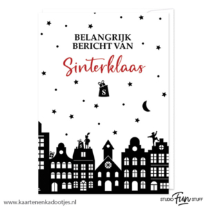 Kaart belangrijk bericht van Sinterklaas grachtenpandjes wit/zwart/rood