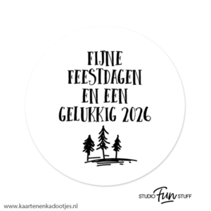 3 Stickers rond 64 mm fijne feestdagen gelukkig 2026 wit/zwart