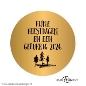 3 Stickers rond 64 mm fijne feestdagen gelukkig 2026 goudfolie/zwart
