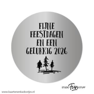 3 Stickers rond 64 mm fijne feestdagen gelukkig 2026 zilverfolie/zwart