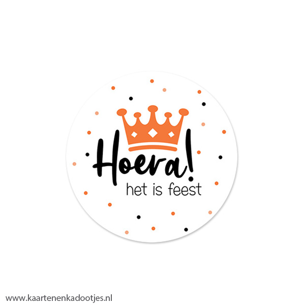 6 Stickers rond 45 mm hoera het is feest oranje kroon