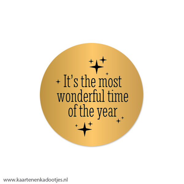 5 Stickers rond 45 mm it's the most wonderful time sterretjes goudfolie/zwart