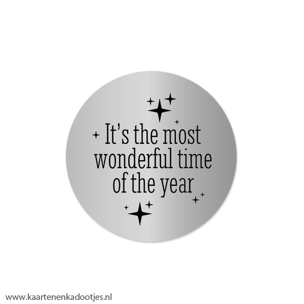 5 Stickers rond 45 mm it's the most wonderful time sterretjes zilverfolie/zwart