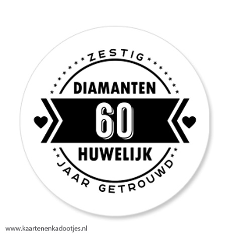 3 Stickers rond 64 mm 60 jaar getrouwd/diamanten huwelijk wit/zwart