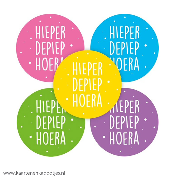 5 Stickers rond 35 mm hieper de piep hoera roze/blauw/geel/groen/paars